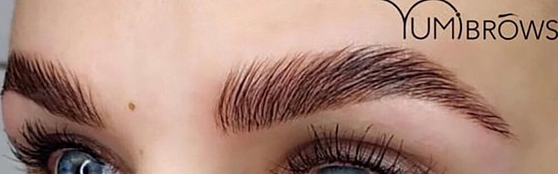 Close-up of styled eyebrows and eyelashes.