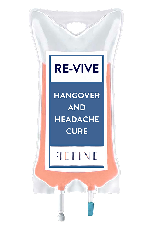 IV bag labeled as hangover and headache remedy.