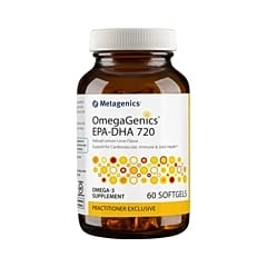 OmegaGenics EPA-DHA 720 softgel supplement bottle.